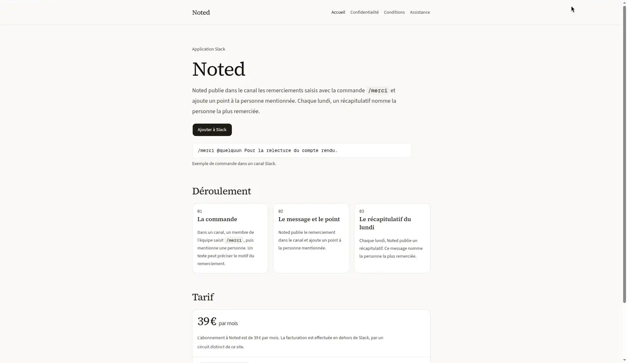 Page d’accueil de Noted avec le bouton Ajouter à Slack.