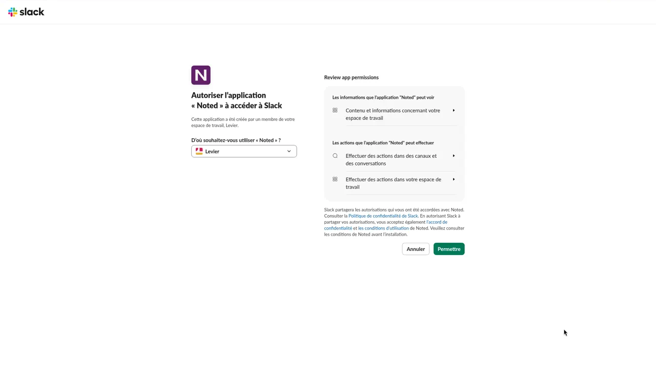 Écran d’autorisation Slack de Noted, avec les permissions commands, chat:write et users:read, et le bouton Permettre.