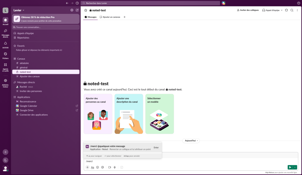 Saisie de la commande /merci @Rachid dans le canal général de Slack.