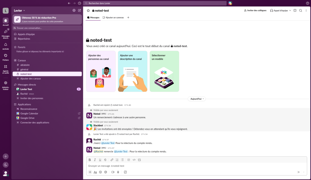 Message publié dans Slack : Rachid remercie Amina pour la relecture du compte rendu.